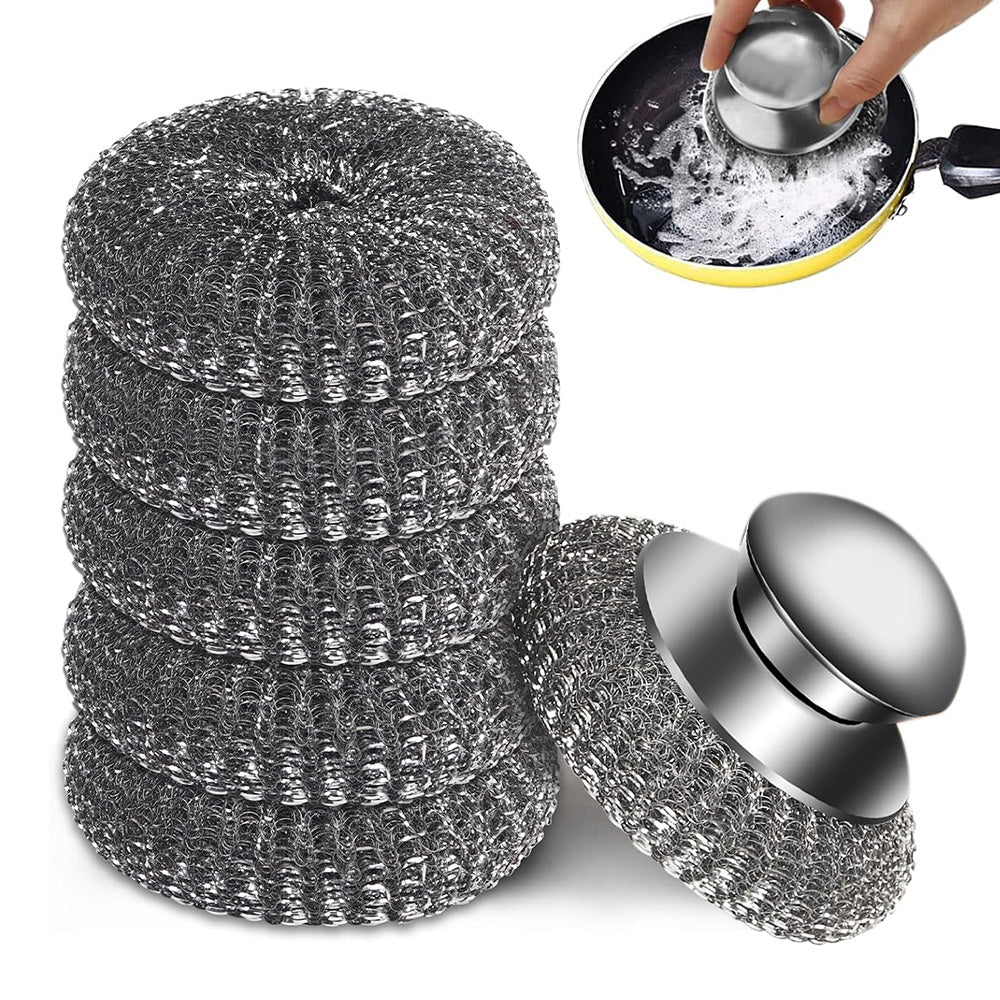 Steel Wool Cleaning Brush with Handle and 5 Replacement Heads for Kitchen