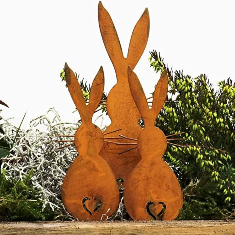 3Pcs Rust Easter Bunny Metal Garden Stake