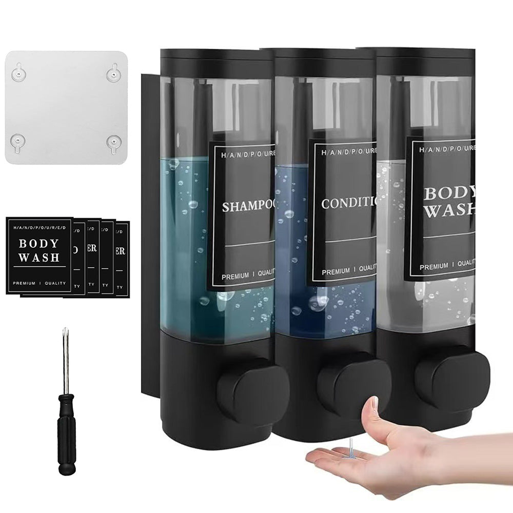 No-Drill Wall-Mounted Triple Soap Dispenser for Bathroom Shampoo Conditioner & Body Wash