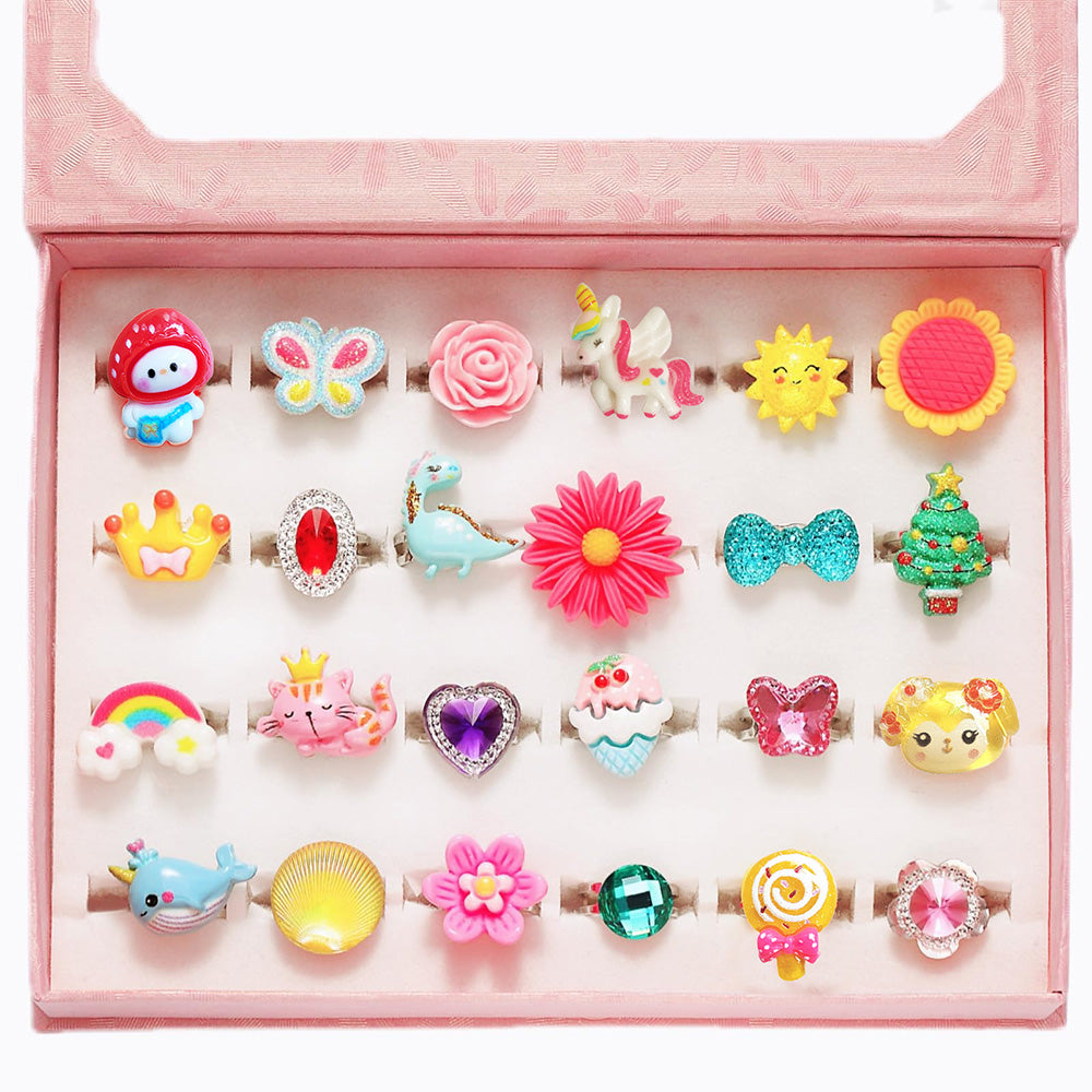 24PCS Adjustable Jewelry Rings Set Girls Pretend Play Rings