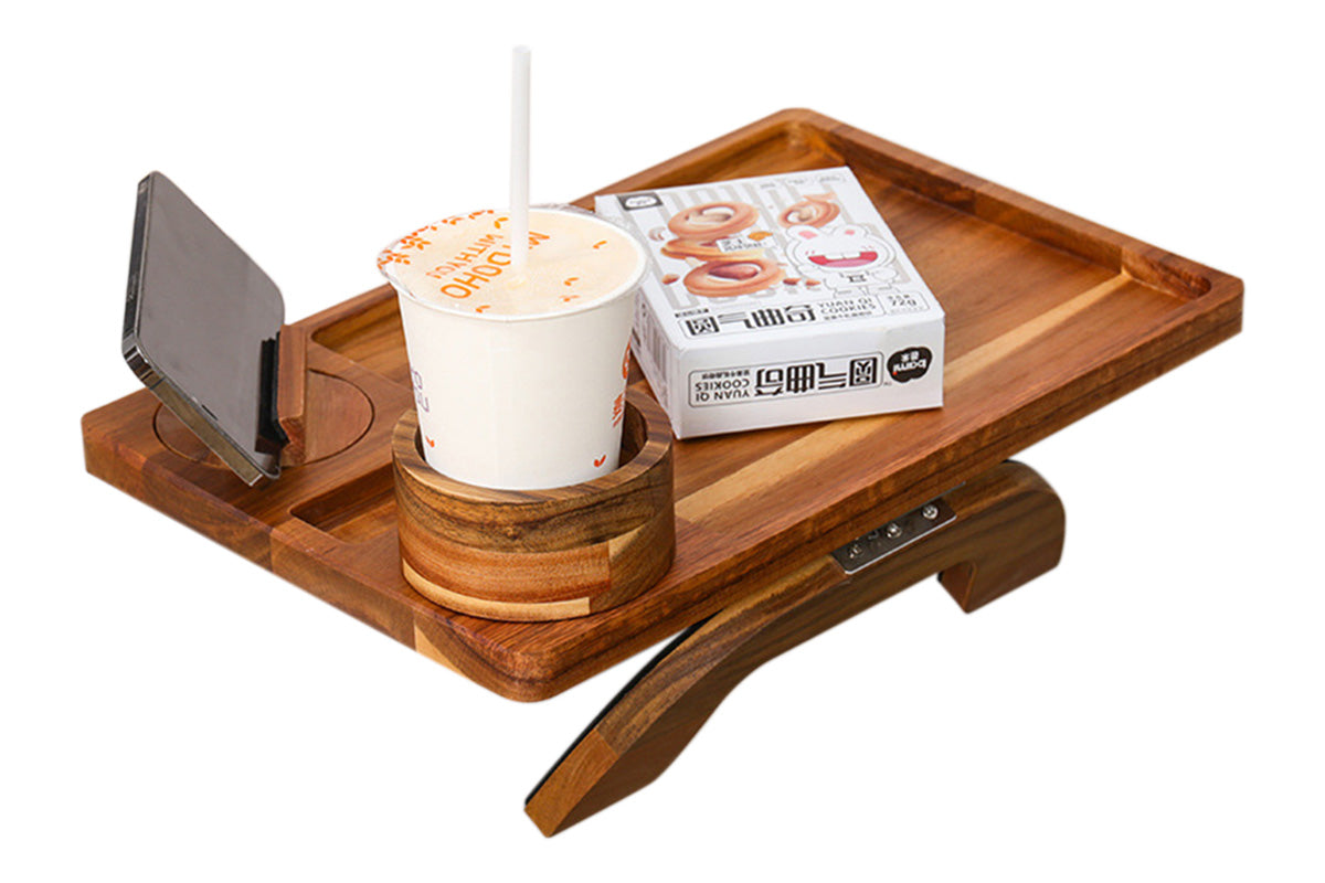 3-in-1 Wooden Sofa Arm Tray with Rotating Phone Holder and Cup Slot