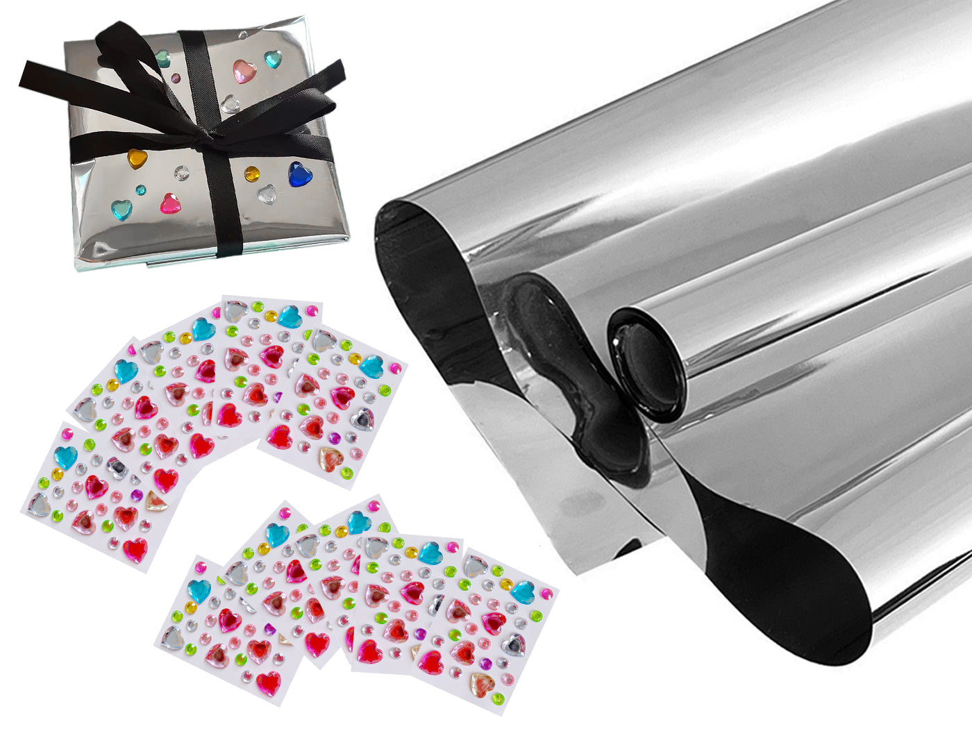 Christmas Silver Gift Wrapping Paper Bouquet Wrap Mirror Film Wrapping Paper with 10pcs Acrylic stickers