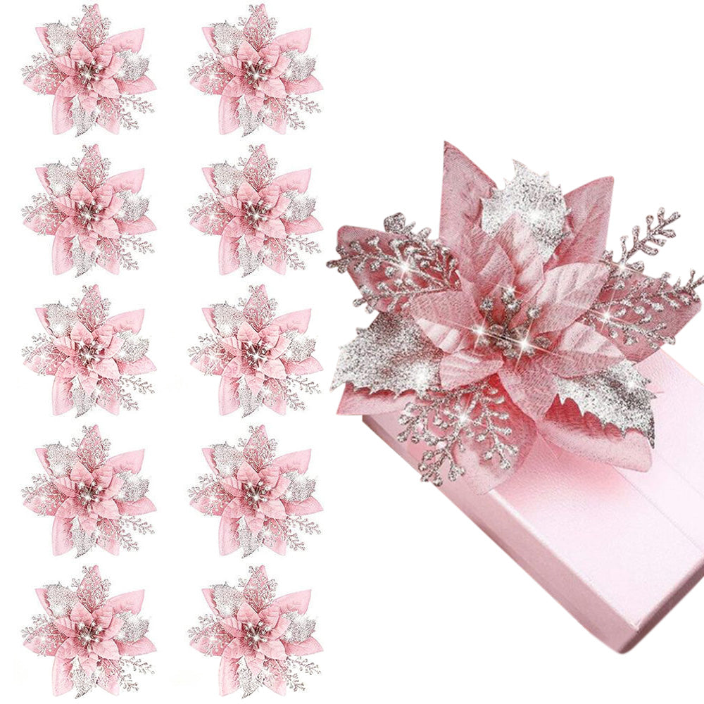 10Pcs Red Gold Poinsettia Artificial Christmas Flowers Xmas Tree Ornaments