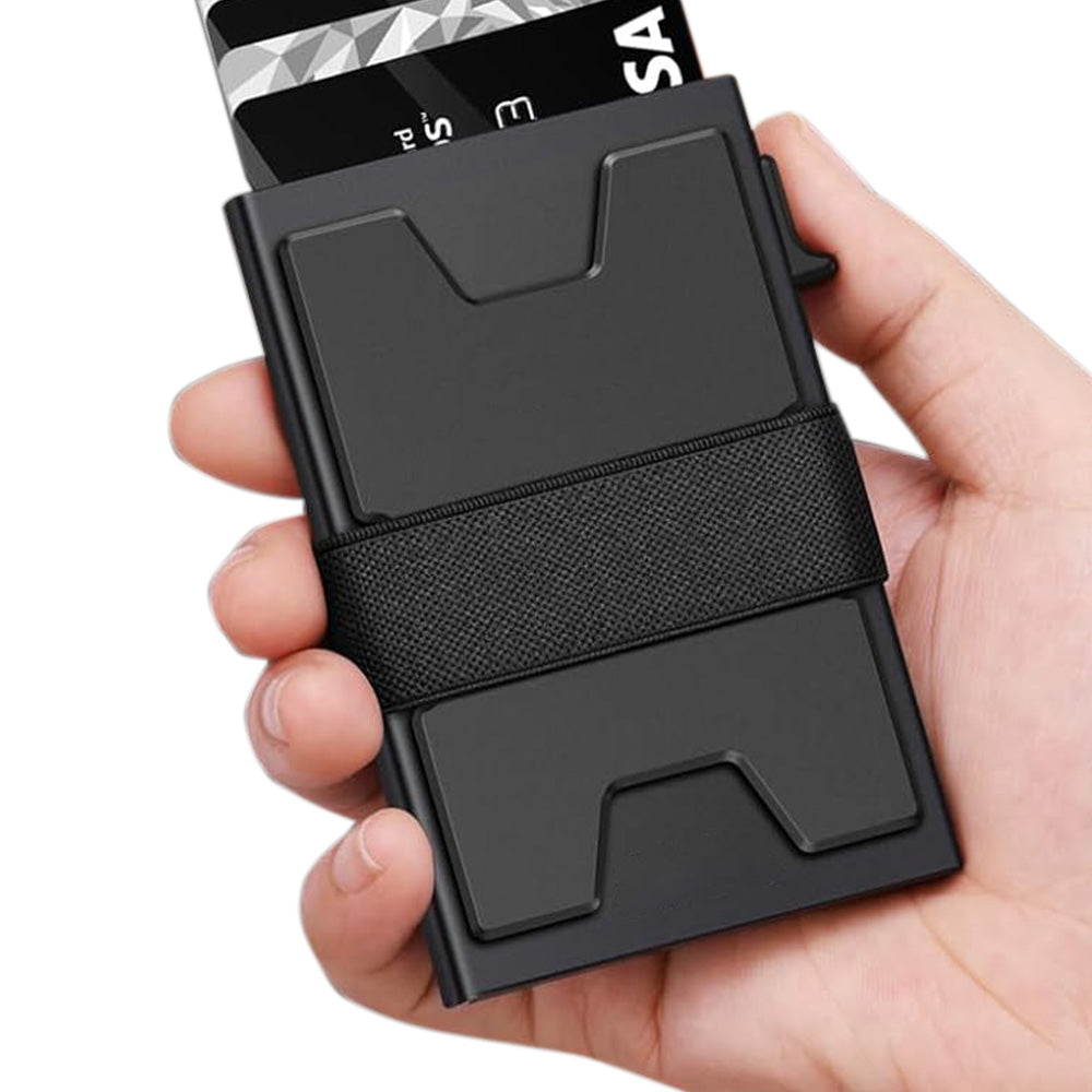 RFID Blocking Slim Aluminum Card Holder Wallet with Durable Expandable Backplate and Holds 12 Plus Cards Plus Cash
