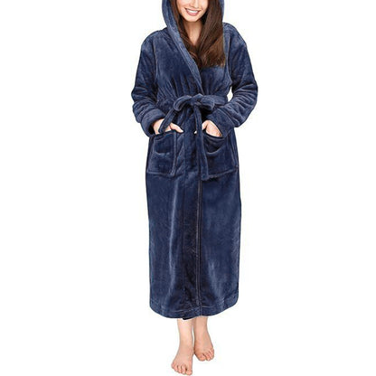 Women Robe Hood Flannel Fleece Full Length Bathrobe Shower Nightgown-Navy
