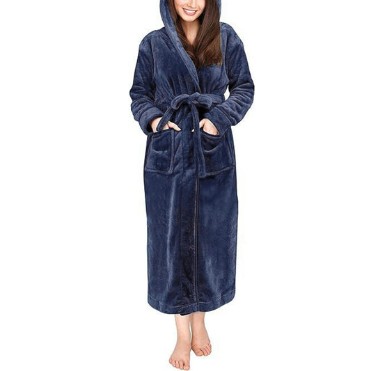 Women Robe Hood Flannel Fleece Full Length Bathrobe Shower Nightgown-Navy