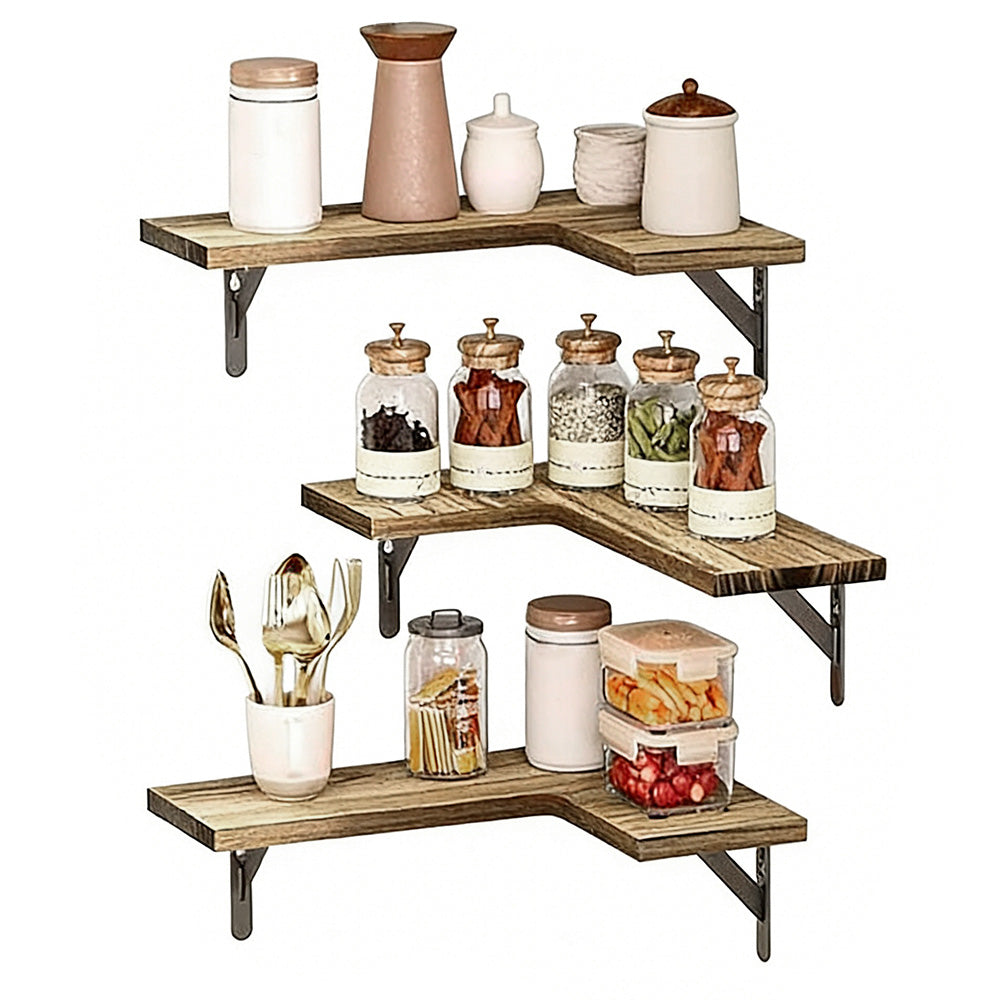 Corner Floating Shelves Set of 3 Wall Mounted Rustic Wood Storage Display Shelves