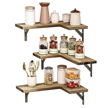 Corner Floating Shelves Set of 3 Wall Mounted Rustic Wood Storage Display Shelves