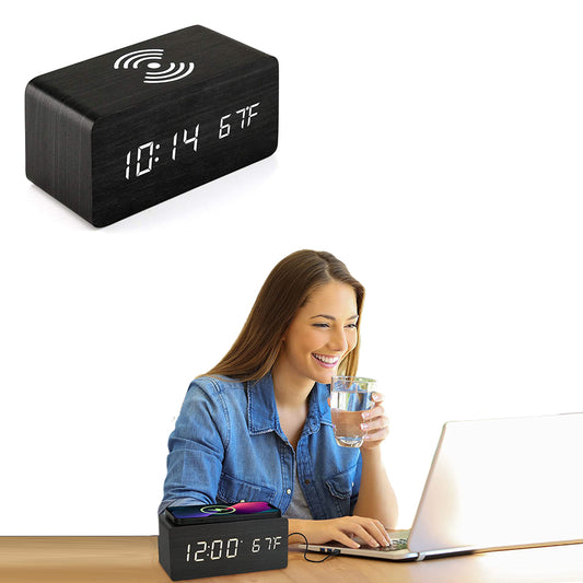Wooden Digital Alarm Clock with Wireless Charger