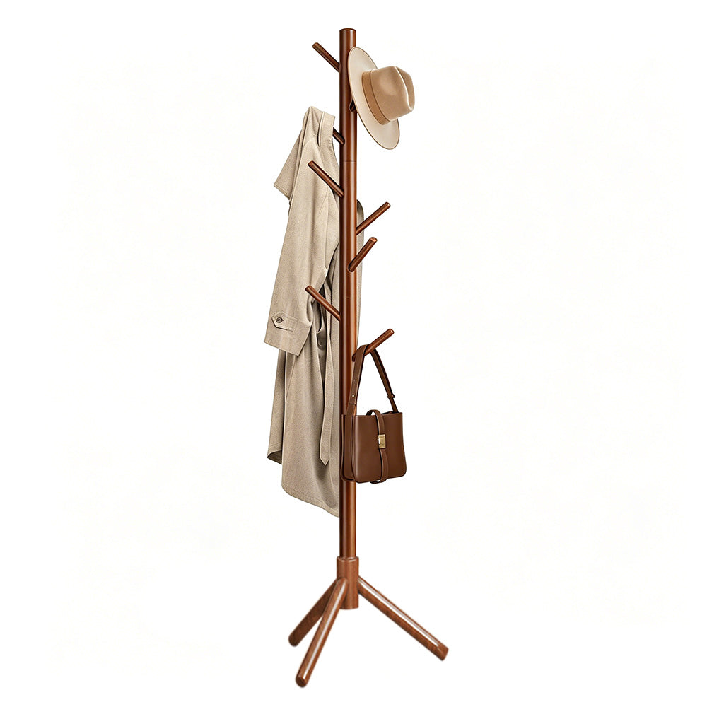 Solid Wood Freestanding Coat Rack with 8 Hooks Tripod Base for Bedroom Entryway