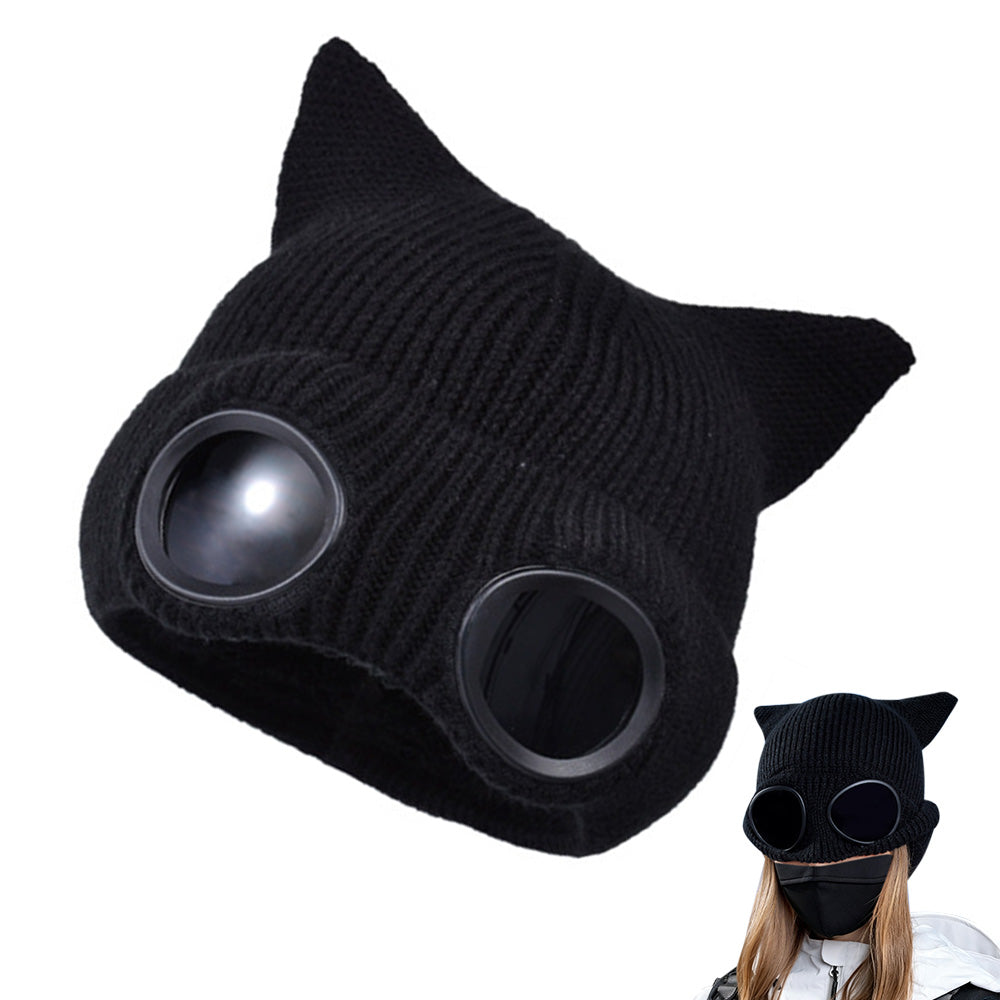 Double Layer Knit Winter Beanie with Goggles Cute Cat Ear Knit Beanie for Winter