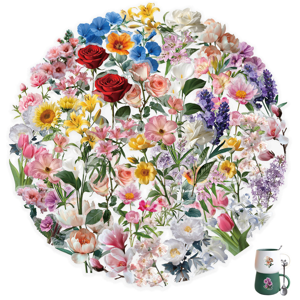 50 Pcs Floral Transparent PET Stickers DIY Decals for Phone Case Cup Laptop