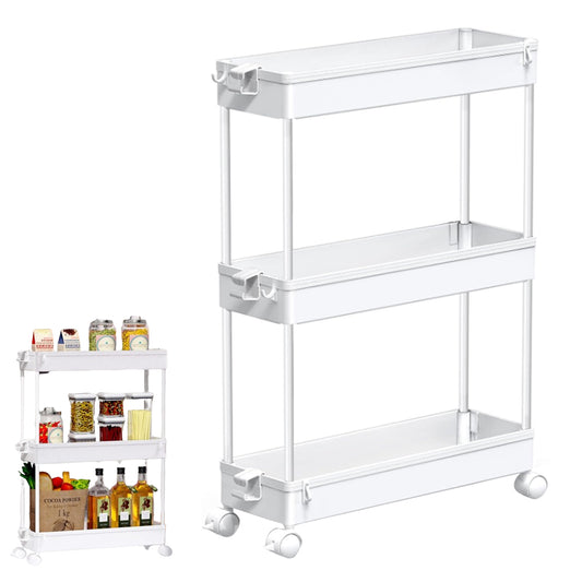 3 Tier Kitchen Bathroom Slim Rolling Trolley Storage Shelf