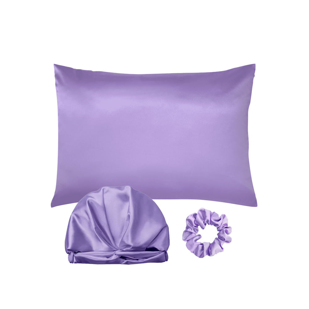 Simulated Silk Pillowcase Set With Sleeping Bonnet Hair Scrunchy