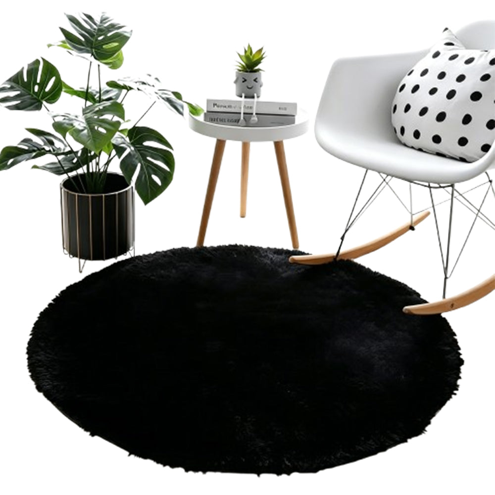 Round Plush Area Rug Soft Fluffy Non Slip Carpet for Living Room Bedroom-Black