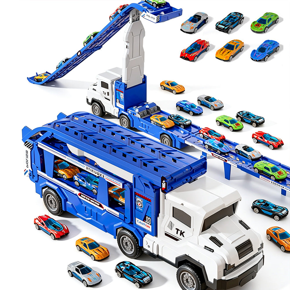 Large Dual Track Transporter Truck Toy Set with 6 Alloy Racing Cars