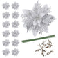 12Pcs Christmas Glitter Poinsettia Artificial Flower with Clip and Stem