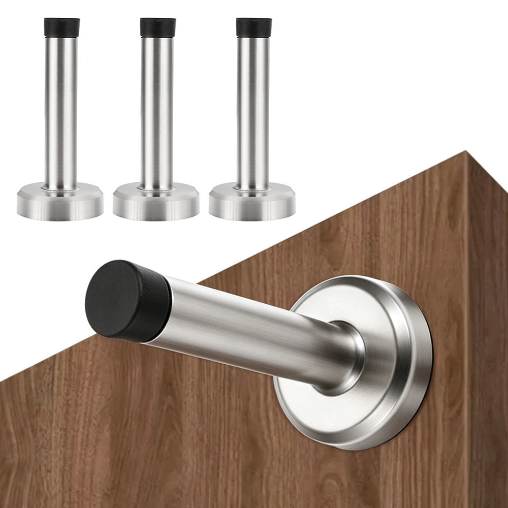 4 Pack Stainless Steel Door Stop Strong Adhesive No-Drill with Rubber Bumper