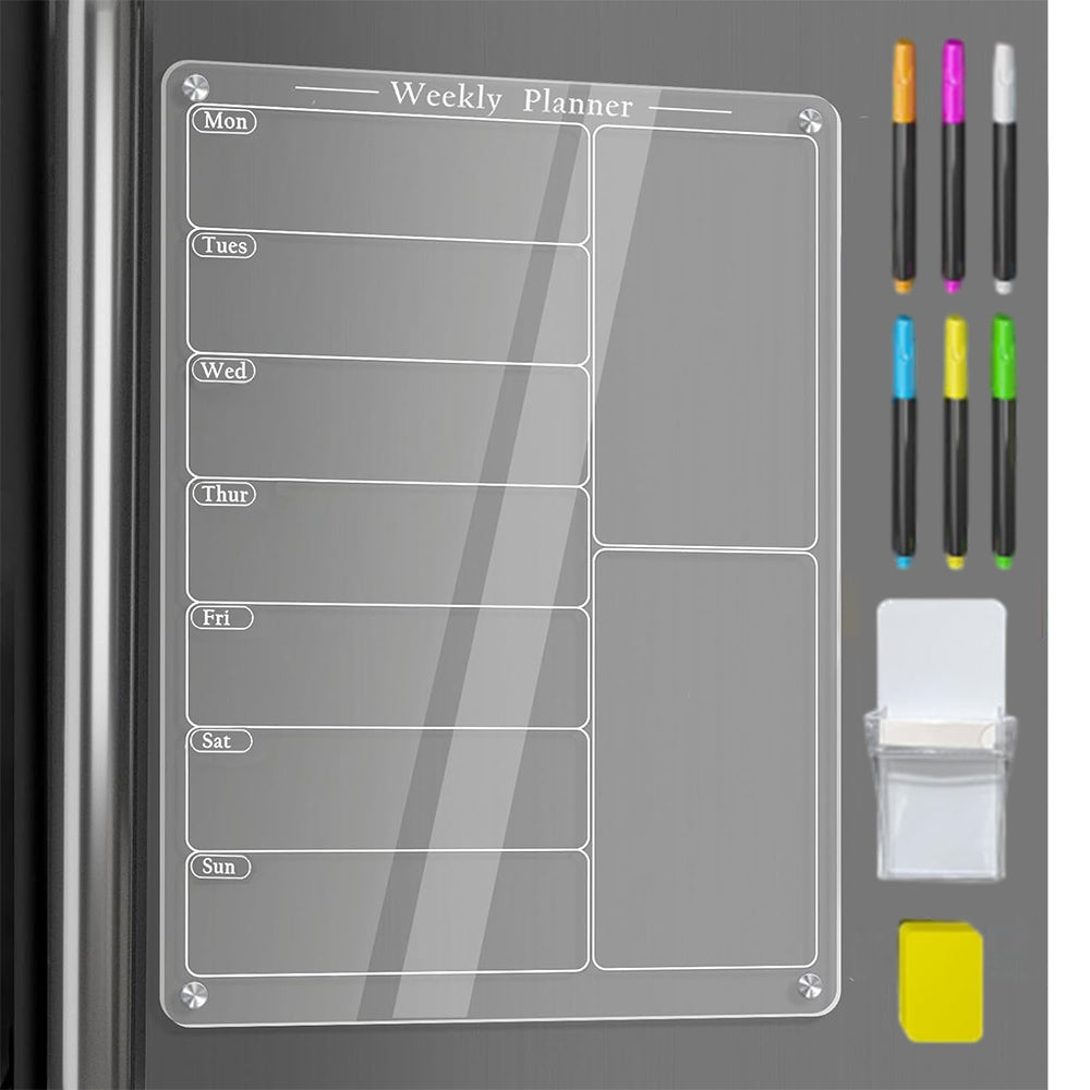 Clear Acrylic Meal Planner Magnetic Menu Board for Fridge with 6 Marker Pens