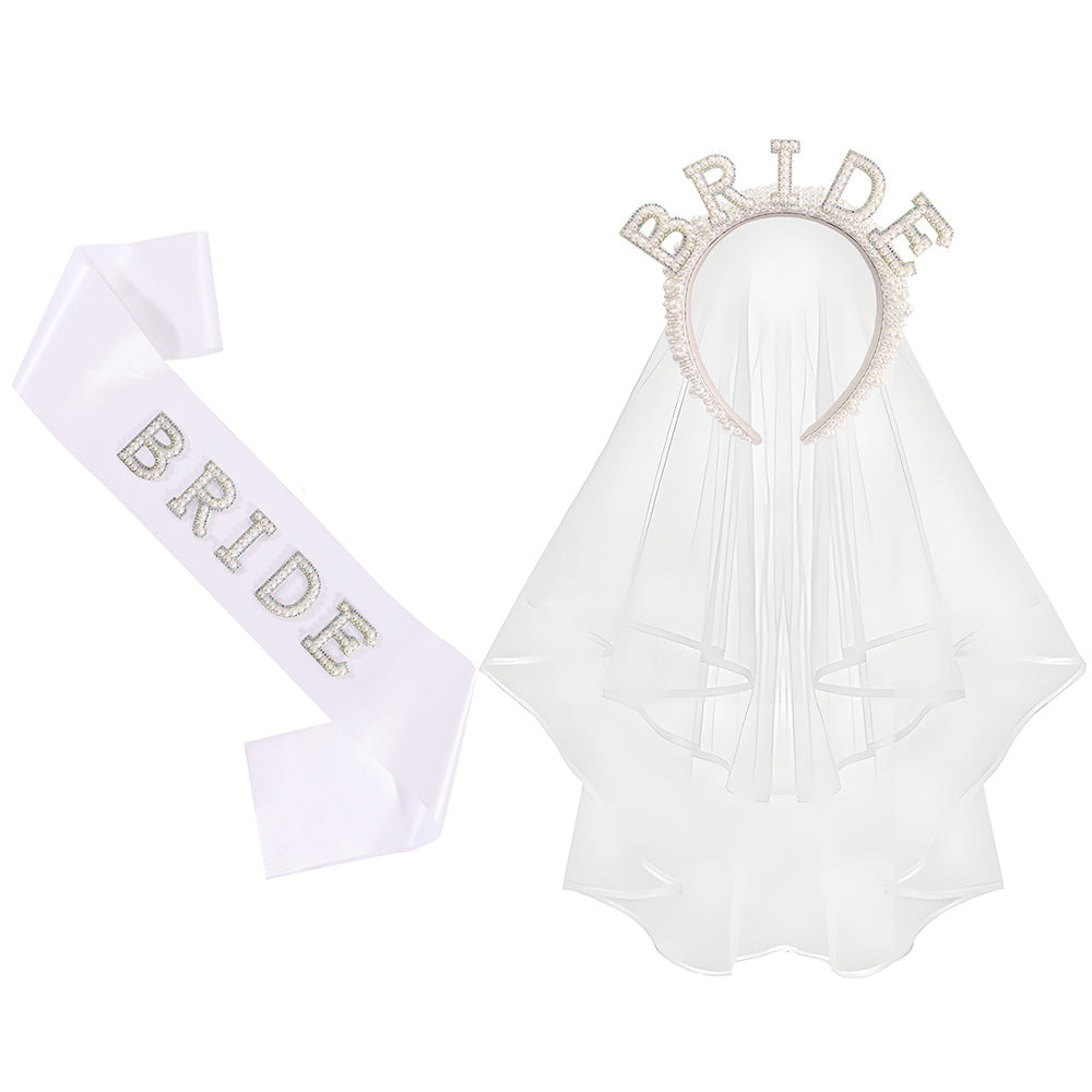 Bride Accessory Set with Veil Sash and Headband for Bachelorette Party Bridal Shower