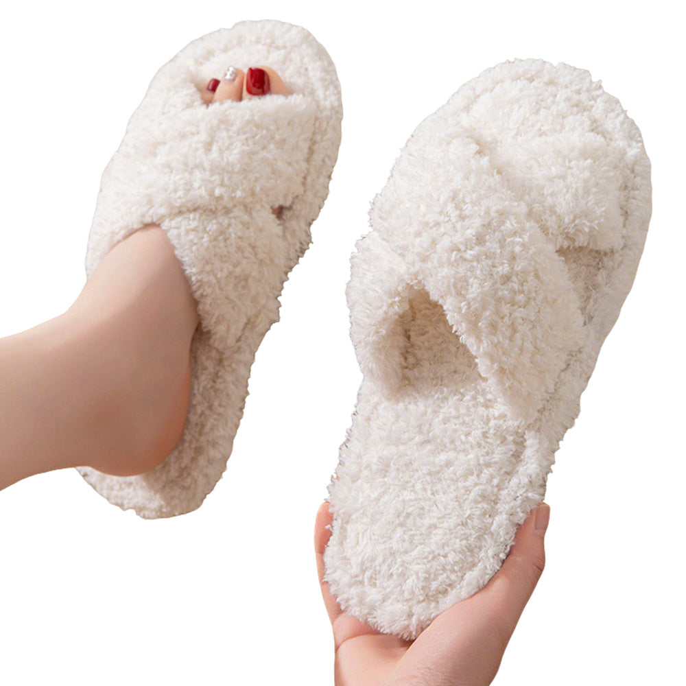 Women Fuzzy Cross Band Slippers Plush Indoor House Shoes Non Slip-White
