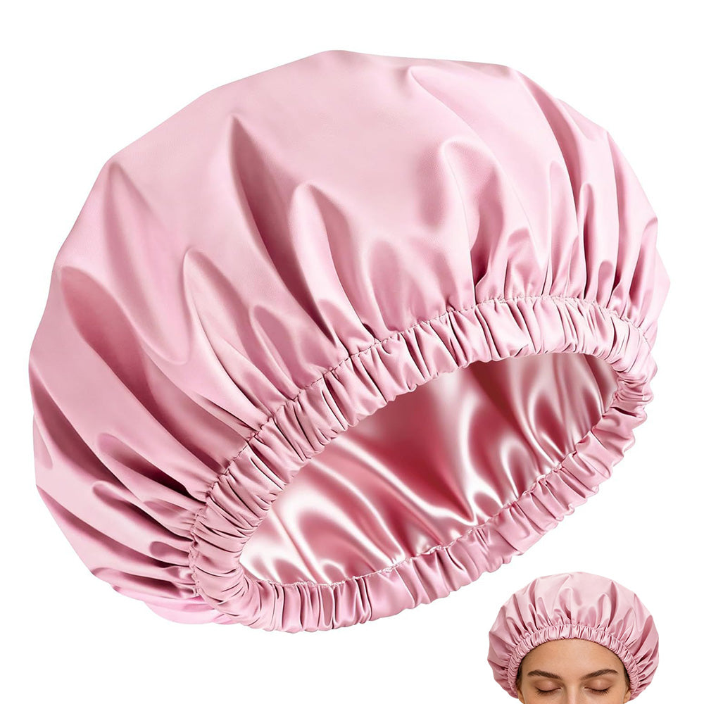 Reusable Water-Resistant Double-Layer Polyester and Satin Shower Cap for Women