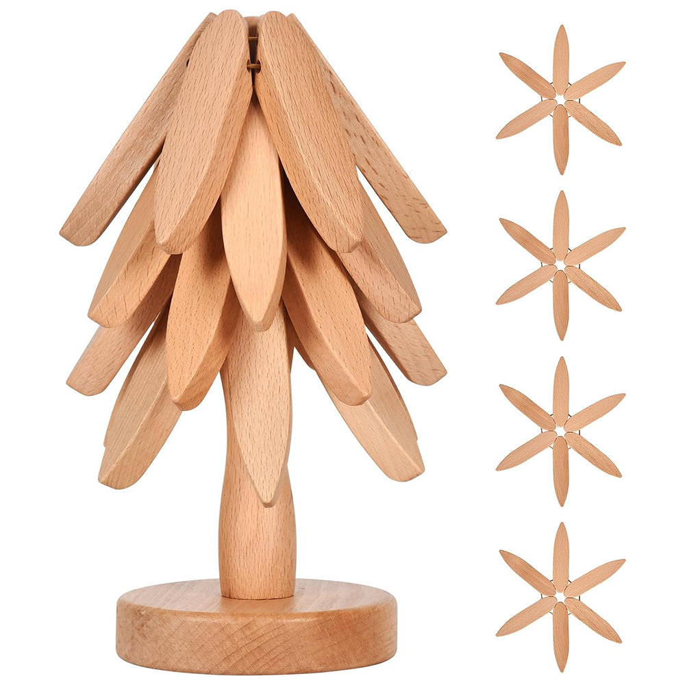4Pcs Tree Art Design Coasters With A Stand Wooden Tree Shape Trivet Set for Hot Dishes