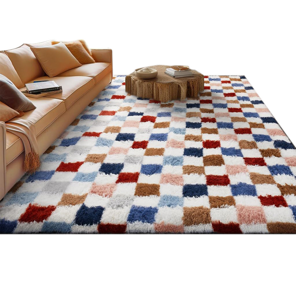 Soft Plush Shaggy Rug Checkered Thickened Non Slip Carpet for Living Room Bedroom