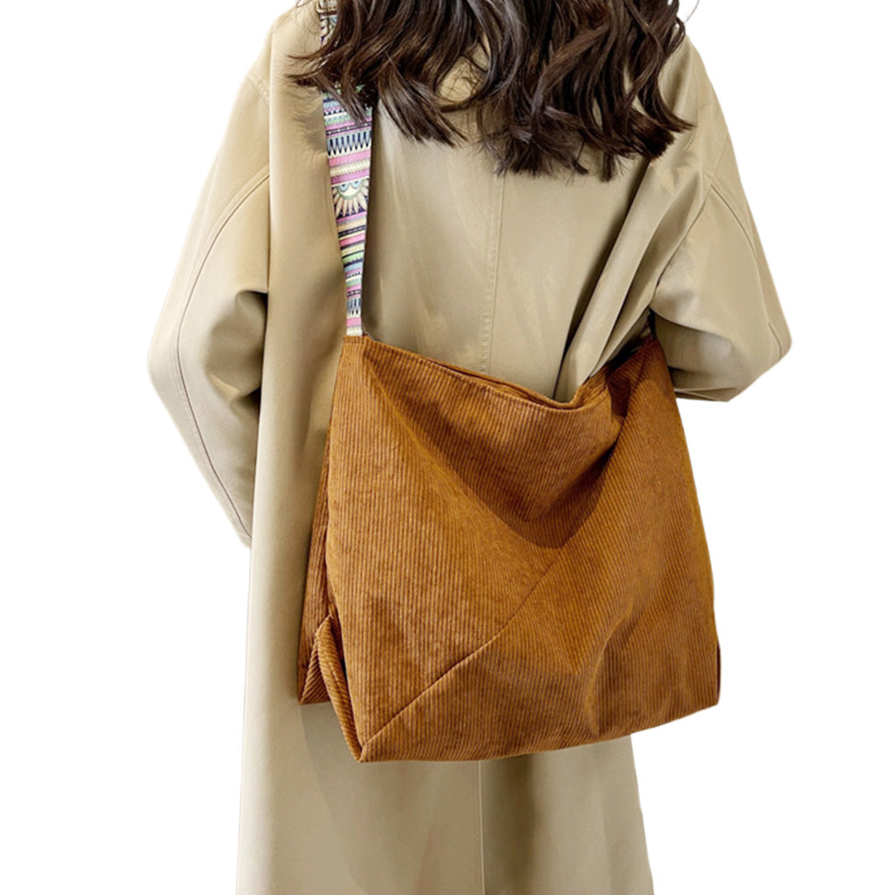 Large Capacity Corduroy Tote Bag with Adjustable Strap for Women