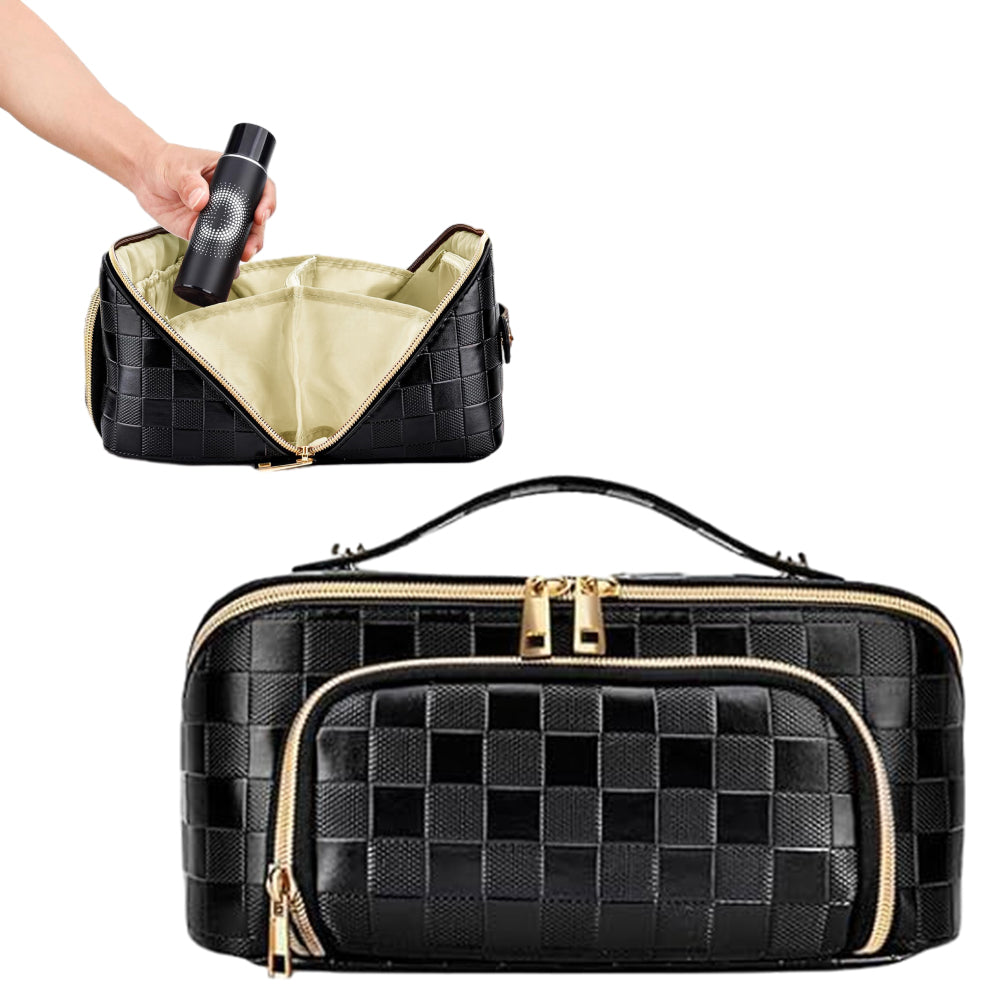 Large Capacity PU Leather Water-Resistant Checkered Cosmetic Bag Travel Makeup Bag