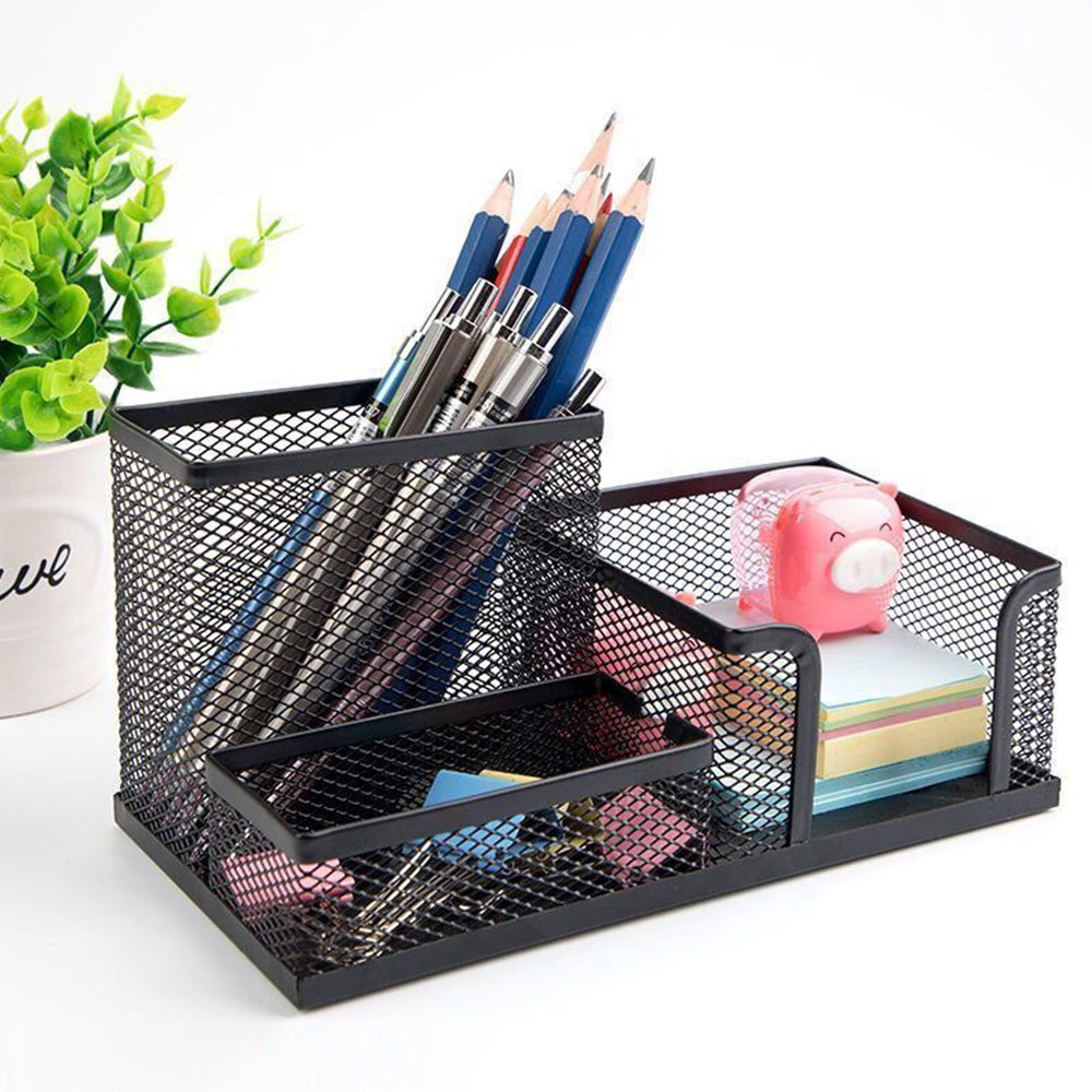 3 Compartment Mesh Pen Holder Desk Organizer Metal Office Supply Storage for Home School