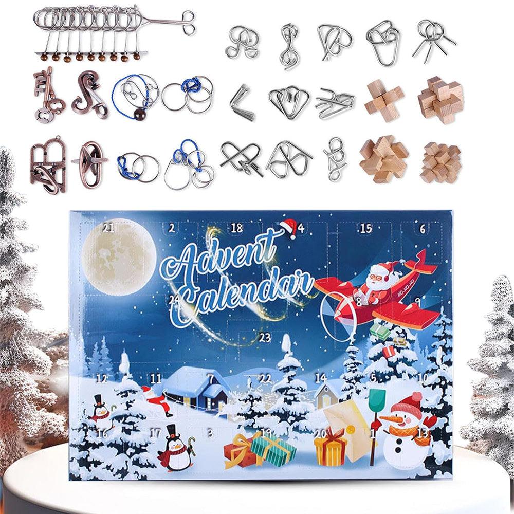 Christmas Calendar 24 Days of Wooden Brain Teaser Puzzles Toys Kit