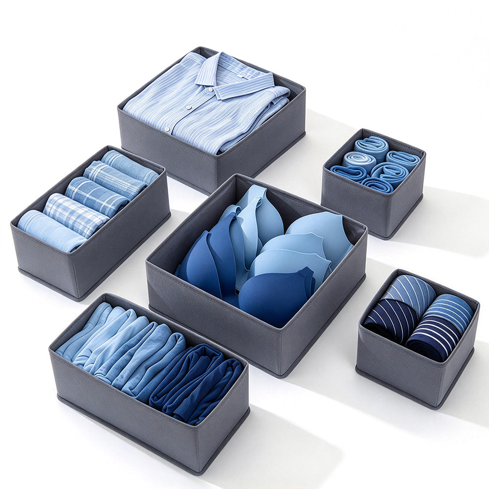 6 Piece Foldable Nonwoven Drawer Organizer Bins in 3 Sizes with Zippers