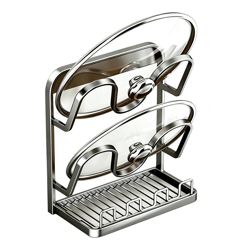Kitchen Pot Lid Storage Rack Carbon Steel Holder with Drip Tray Organizer