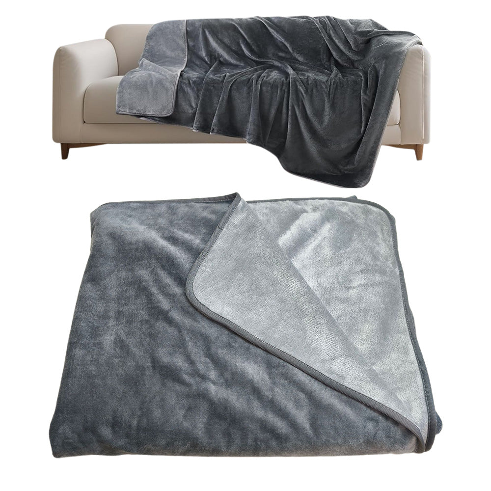 Water-Resistant Reversible Flannel Blanket Machine-Washable for Bed Sofa Camping-Grey