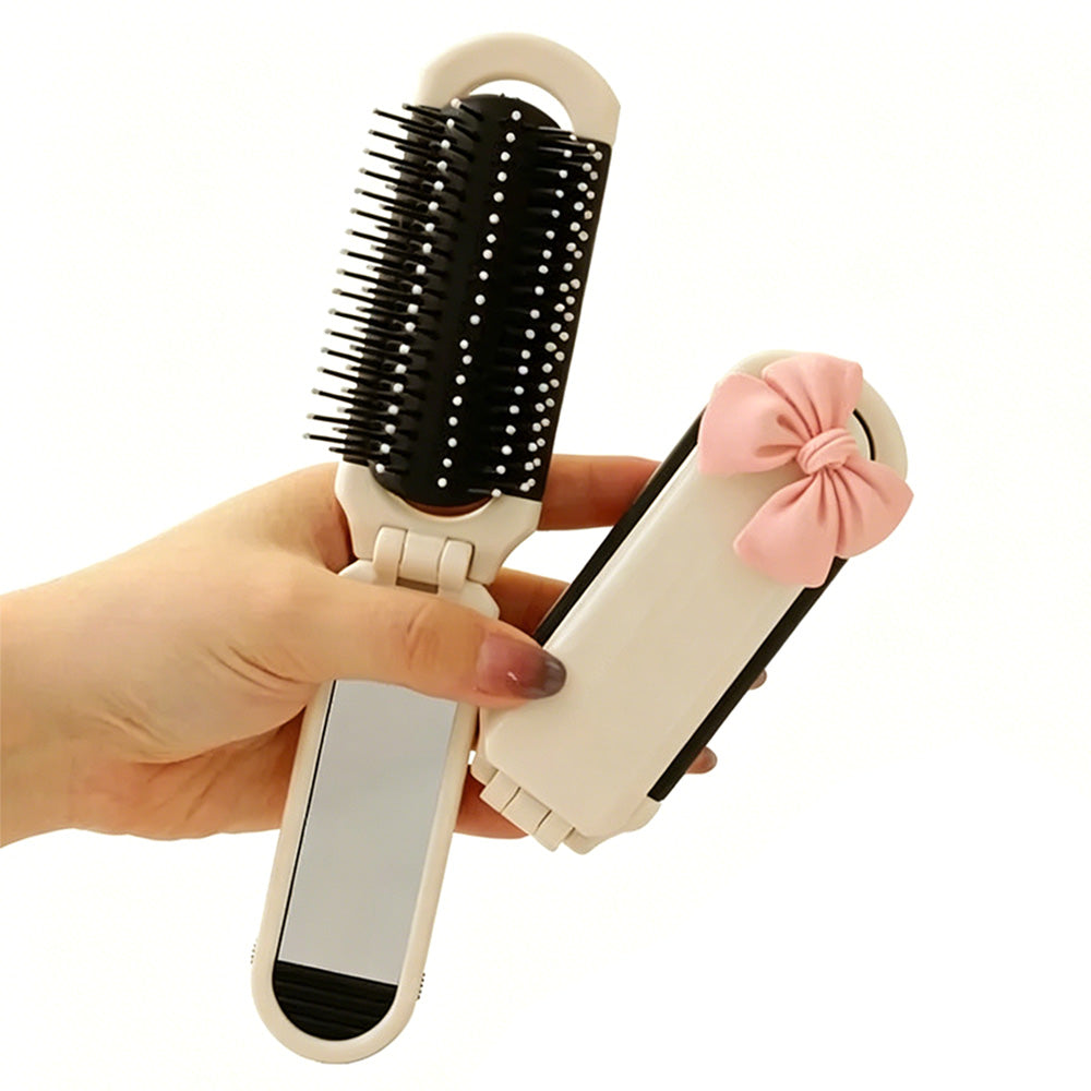 2Pcs Folding Hair Brush with Detachable Makeup Mirror Portable for Travel Student Office