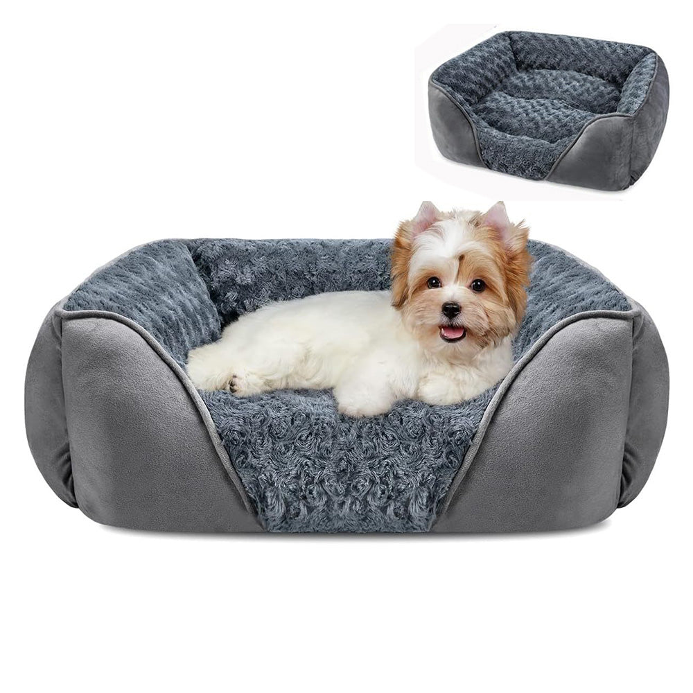 Soft Plush Pet Bed with Raised Sides Calming Nest-Grey