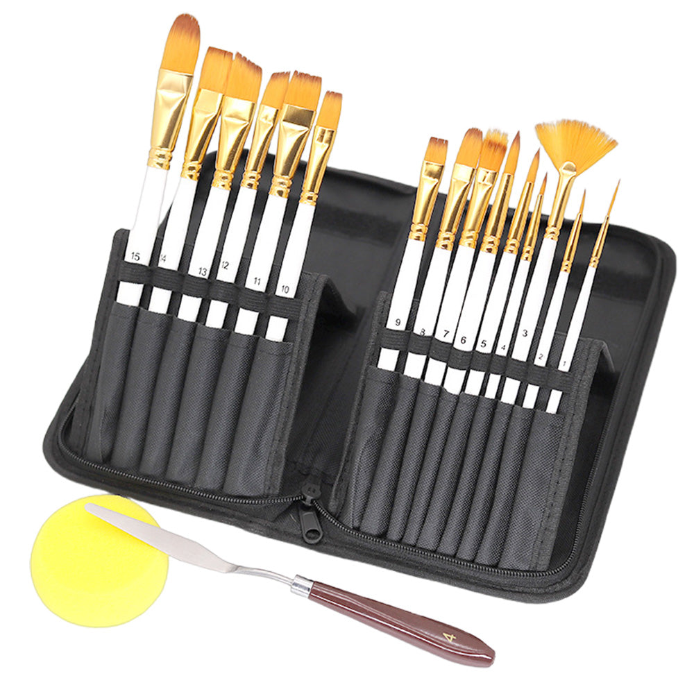 15Pcs Artist Watercolour Oil Paint Brushes Set with Sponge and Scraper