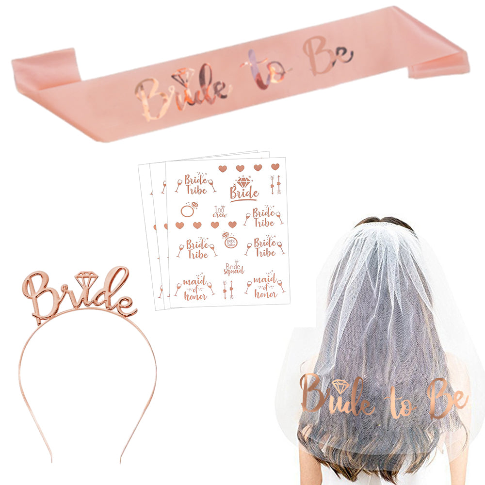 3pcs Bride to Be Sash Headband Tiara Veil Tattoo Bachelorette Bridal Shower Decoration Accessories