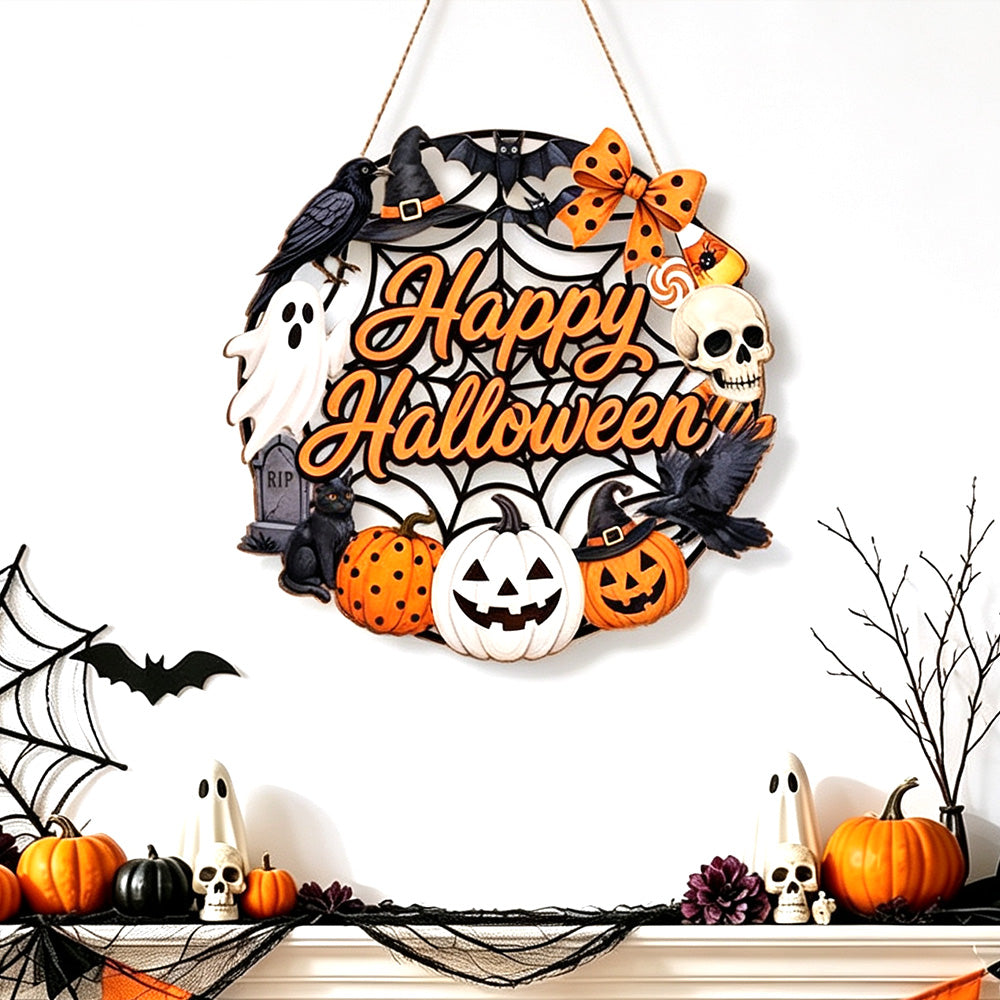 2 Pack Engineered Wood Halloween Ghost Pumpkin Hanging Door Signs