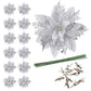 12Pcs Christmas Glitter Poinsettia Artificial Flower with Clip and Stem