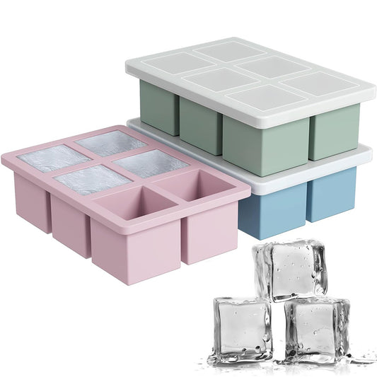 3Pcs Silicone Ice Cube Trays with Lid 6 Cavity Large Square Mold for Whisky Cocktail