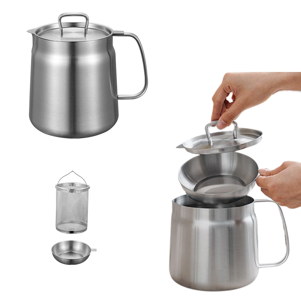 2L Stainless Steel Oil Strainer Storage Pot with Filter Mesh and Cover