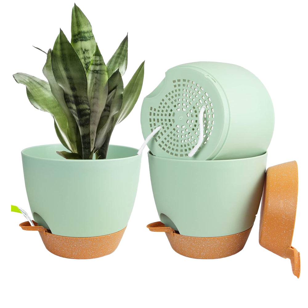 3Pcs Round Self Watering Planters Pot with Drainage Hole and Tray