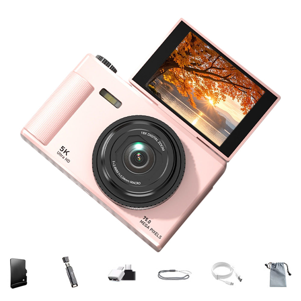 Digital Camera 5K 18X Zoom Flip Screen Video Camera with 64GB Memory Card