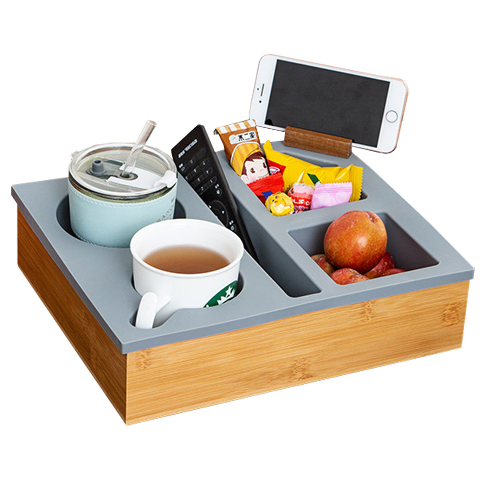 Handy Silicone Bamboo Couch Cup Snack Storage Tray with Rotatable Phone Holder
