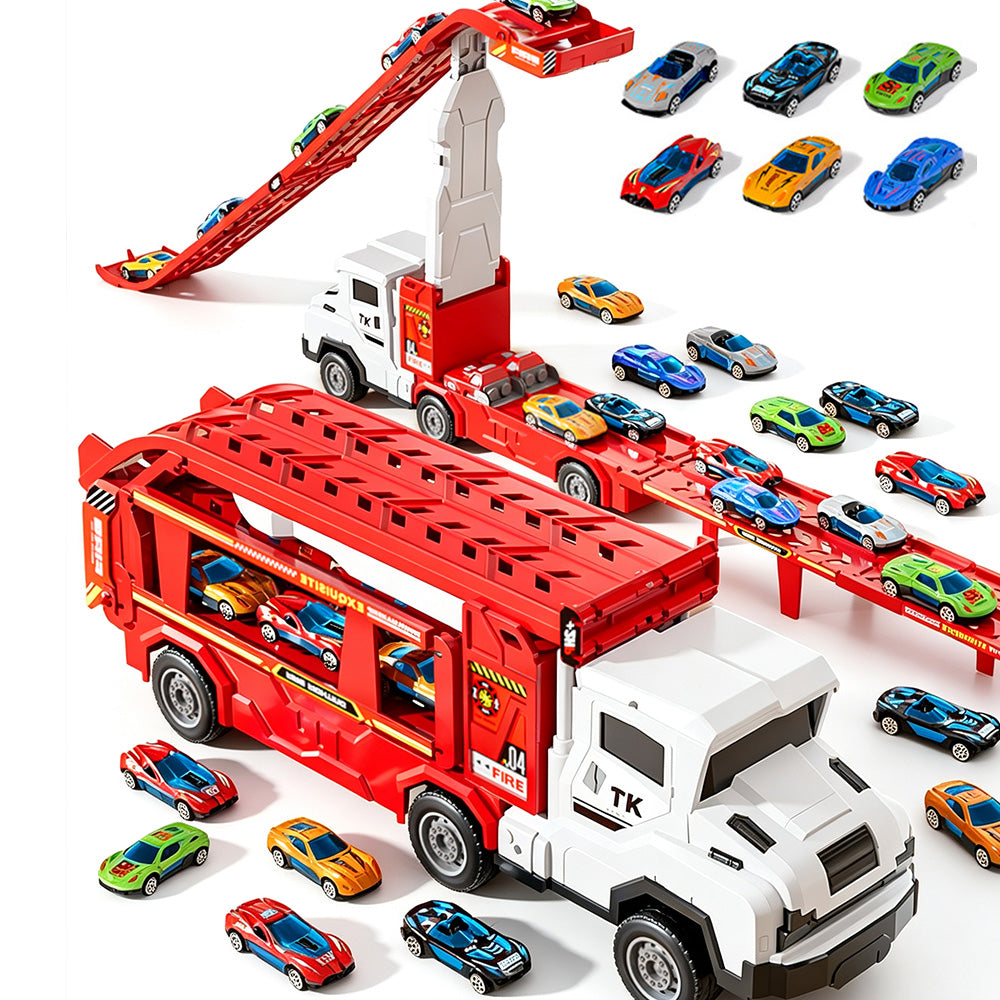 Large Dual Track Transporter Truck Toy Set with 6 Alloy Racing Cars