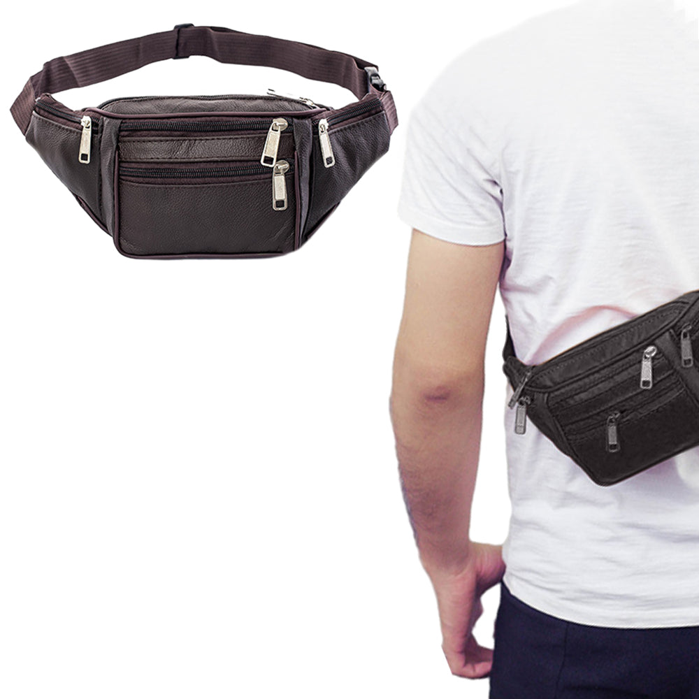 Unisex Genuine Leather Zip Waist Bag