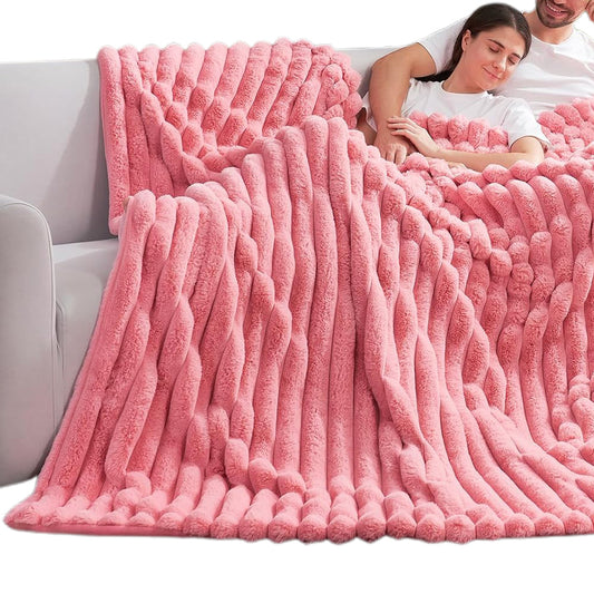 Throw Blanket for Couch Fuzzy Soft Plush Thick Bubble Blanket for Bedroom Living Room-Pink