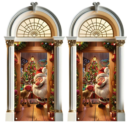 2Pcs 180x90CM Santa Claus Door Cover Christmas Background Cloth Hanging